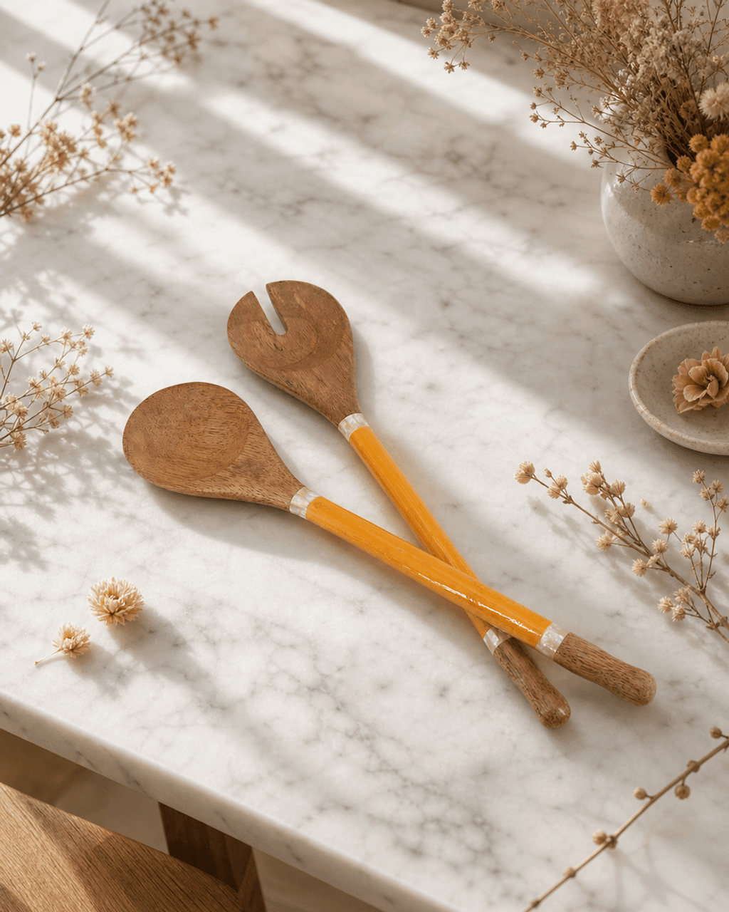 Yellow Capiz Shell and Wood Salad Servers - Serveware
