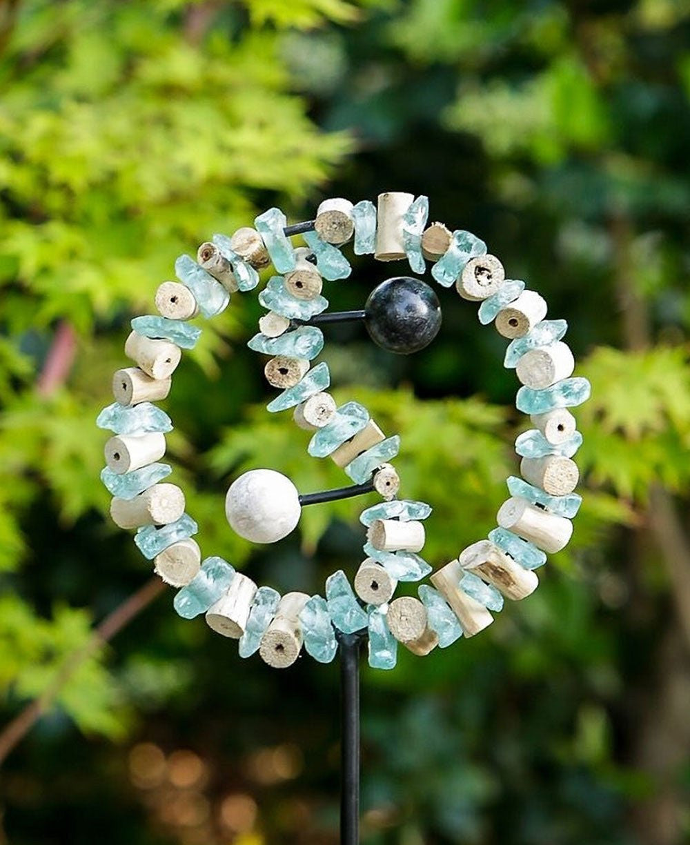 Yin - Yang Garden Stake with Glass Rocks and Wood - Wind Wheels & Spinners