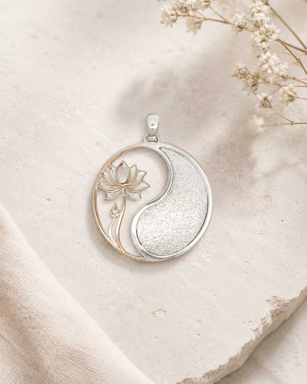 Yin Yang Lotus Pendant — Duo-Tone Silver-Plated Bronze Spiritual Necklace Charm - Pendant