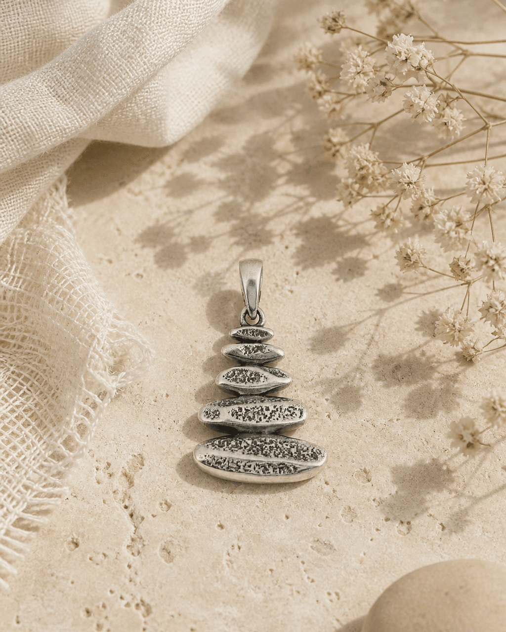Zen Cairn Pendant –Silver Textured Stacked Stone Necklace Charm - Pendant